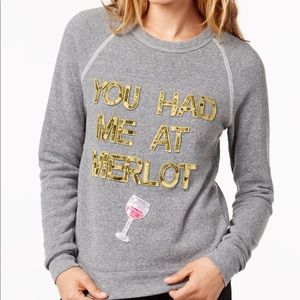 New Bow & Drape You Had Me At Merlot grey gold sequin sweatshirt crew top wine